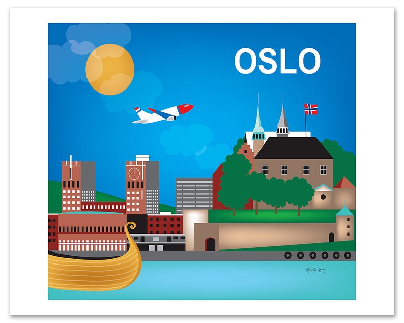 Oslo Skyline Print, Norway Travel Wall Art Print, Oslo Gift, Horizontal Oslo, Blue Scandinavian wall decor, Loose Petals, style E8-O-OSL image 3