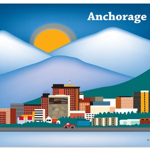Anchorage Print Skyline Art, Anchorage Wall Art, Alaska Print, Alaskan Baby, Blue Anchorage artwork, horizontal  art print - style E8-O-ANC