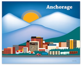 Anchorage Print Skyline Art, Anchorage Wall Art, Alaska Print, Alaskan Baby, Blue Anchorage artwork, horizontal  art print - style E8-O-ANC