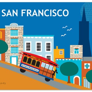 San Francisco Print of  Nob Hill, SF City Horizontal Print, Downtown, San Francisco SF Cable car print, SF Baby Nursery Art, style E8-O-SF17