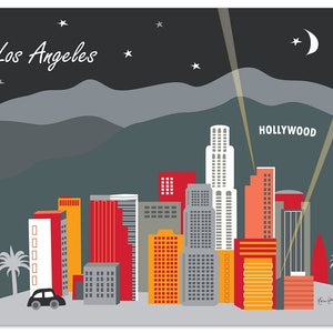 Impression d'art sur la ligne d'horizon de Los Angeles, art mural hollywoodien, impression d'art de LA, cadeaux d'art 8 x 10, décoration murale de Los Angeles, style noir de pétales en vrac E8-O-LA1 image 1