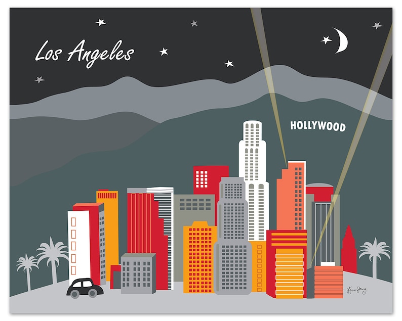 Impression d'art sur la ligne d'horizon de Los Angeles, art mural hollywoodien, impression d'art de LA, cadeaux d'art 8 x 10, décoration murale de Los Angeles, style noir de pétales en vrac E8-O-LA1 image 1