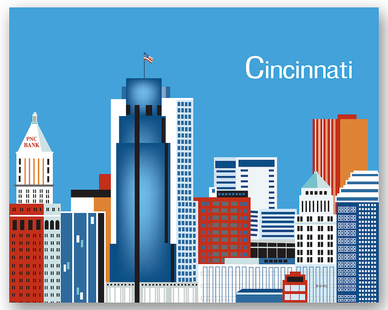 Cincinnati Skyline Print, Ohio Wall Art, Cincinnati horizontal Print, Cincinnati Gift, Cincinnati Ohio Decor, Cincinnati art style E8-O-CI image 1