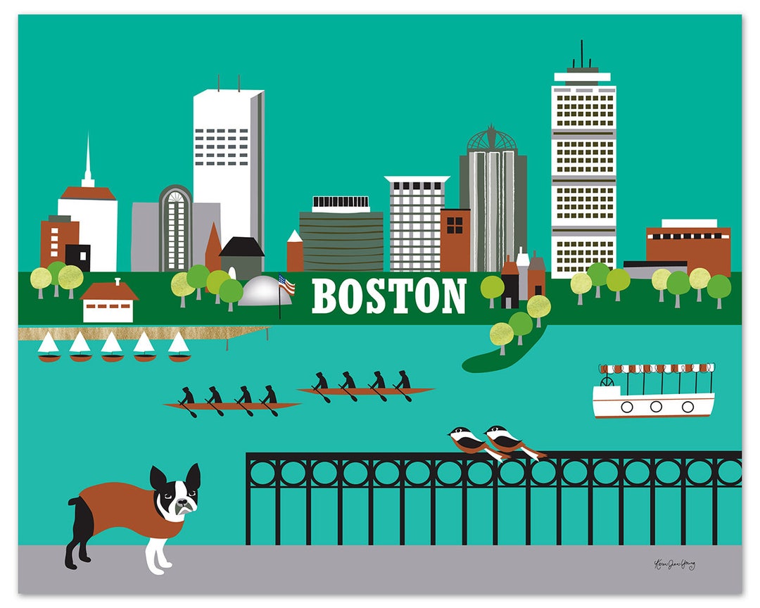 Boston Art Print Skyline, Boston Artwork, Boston Terrier Print, Boston