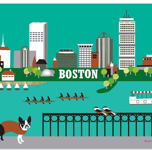 Boston Art Print skyline, Boston Artwork, Boston Terrier Print, Boston nursery art, Boston Wall Art, Boston map, Boston MA - style E8-O-BOS