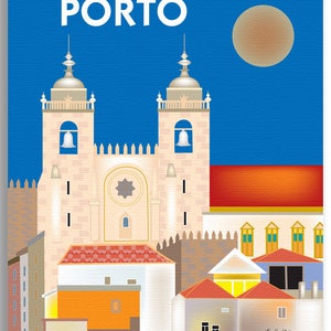 May include: A colorful illustration of the Porto cityscape with the text "PORTO" in white letters at the top. The illustration features a large white building with two towers, red rooftops, and a full moon in the sky.