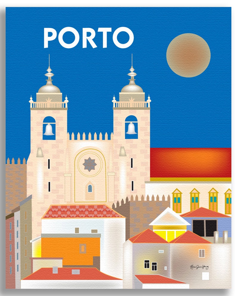 May include: A colorful illustration of the Porto cityscape with the text "PORTO" in white letters at the top. The illustration features a large white building with two towers, red rooftops, and a full moon in the sky.