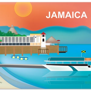May include: A colorful illustration of a resort in Jamaica with a boat in the water. The illustration features a sunset sky, palm trees, a building with a red roof, and a pier. The Jamaican flag is flying on a pole in the water.