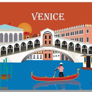May include: A colorful illustration of Venice, Italy, featuring a white bridge with arches over a blue canal. A gondolier in a red and white striped shirt is rowing a red gondola. The text "VENICE" is written in white letters on a red background.