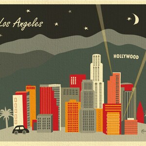 Impression d'art sur la ligne d'horizon de Los Angeles, art mural hollywoodien, impression d'art de LA, cadeaux d'art 8 x 10, décoration murale de Los Angeles, style noir de pétales en vrac E8-O-LA1 image 2