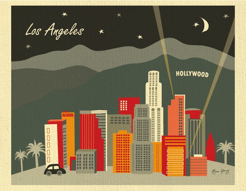 Impression d'art sur la ligne d'horizon de Los Angeles, art mural hollywoodien, impression d'art de LA, cadeaux d'art 8 x 10, décoration murale de Los Angeles, style noir de pétales en vrac E8-O-LA1 image 2