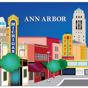 Ann Arbor Michigan Print, Ann Arbor Skyline, Ann Arbor Main Street, University of Michigan, Loose Petals Wall Art Print - style  E8-O-ANN-MI