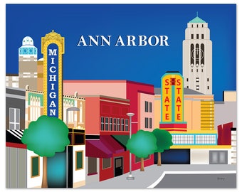 May include: A colorful illustration of the Ann Arbor skyline, featuring the Michigan Theater, the State Theater, and the iconic bell tower of the University of Michigan.