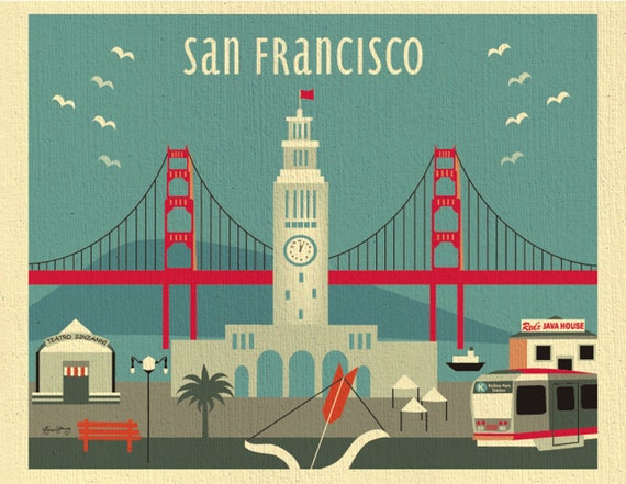 Fanion Vintage San Francisco - Ferry Building & Bay - Feutrine Rouge 30cm X 11cm