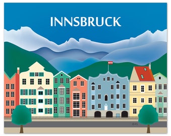 Innsbruck Skyline Art Print,  Innsbruck Austria Travel Print, Innsbruck horizontal art, Innsbruck art, Austria City Print, style E8-O-INN