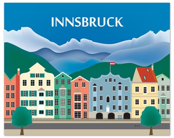 Innsbruck Skyline Art Print,  Innsbruck Austria Travel Print, Innsbruck horizontal art, Innsbruck art, Austria City Print, style E8-O-INN
