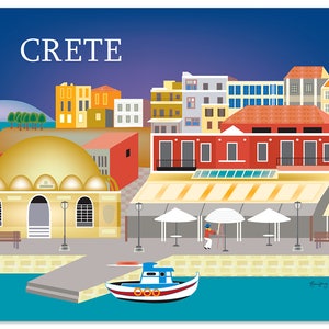 Crete Print Skyline Art, Griechenland Reise Wandkunst, Crete Geschenk, lose Blütenblätter horizontaler Kunstdruck, Griechenland Poster, griechisch, Stil E8-O-CRE