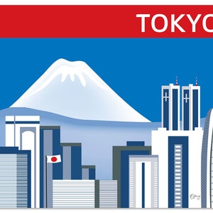 Tokyo Skyline Print, & Mt. Fuji, Japan Horizontal Print, Tokyo Japan Art, Japanese Wall Art, Loose Petals Tokyo City Print style E8-O-TOK image 1