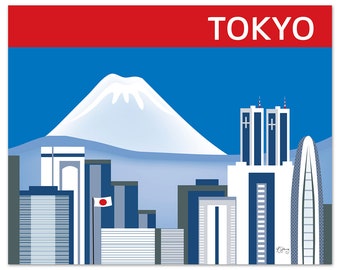 Tokyo Skyline Print, & Mt. Fuji, Japan Horizontal Print, Tokyo Japan Art,  Japanese Wall Art, Loose Petals Tokyo City Print - style E8-O-TOK