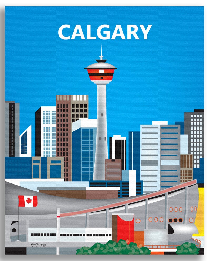 May include: A colorful illustration of the Calgary skyline, featuring the Calgary Tower, the Saddledome, and other buildings against a blue sky. The text "CALGARY" is at the top of the image.