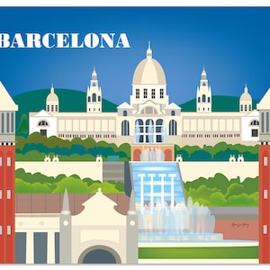 May include: A colorful illustration of the Barcelona skyline featuring the National Art Museum of Catalonia, a fountain, and two red towers. The text "BARCELONA" is at the top of the image.