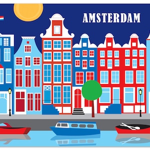Impresión de Ámsterdam, póster de Ámsterdam, arte mural de Ámsterdam, arte retro de viajes de Ámsterdam, impresión holandesa, impresión artística de Holanda - estilo E8-O-AMS