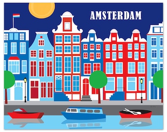 Amsterdam Print, Amsterdam Poster, Amsterdam Wall Art, Amsterdam Holland Retro Travel Art, Dutch Print, Holland Art Print - style E8-O-AMS