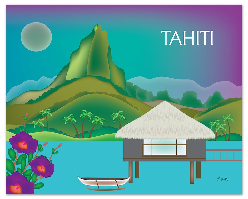 Tahiti Skyline Art Print, Tahiti Travel Wall Art, Tahiti horizontal art print, Tahiti bon voyage gift, Tahiti Poster Art style E8-O-TAH image 1