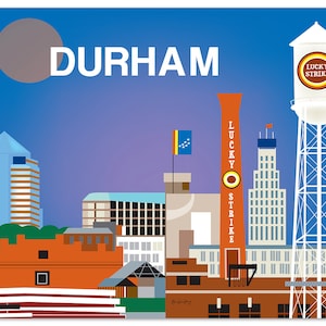 Durham Skyline Print,  Durham Poster, North Carolina Art Print, Durham wall art, Durham NC Map, Loose Petals horizontal art - E8-O-DUR