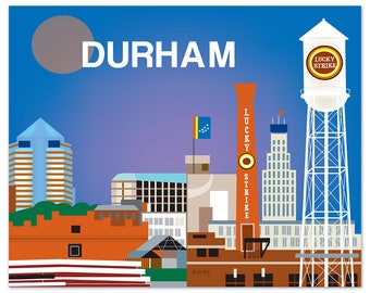 Durham Skyline Print,  Durham Poster, North Carolina Art Print, Durham wall art, Durham NC Map, Loose Petals horizontal art - E8-O-DUR