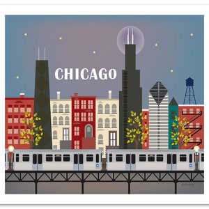 May include: A stylized illustration of the Chicago skyline at night with a full moon, stars, and a train on a bridge. The buildings are in various colors, including red, yellow, blue, and green. The text "CHICAGO" is written in white letters across the top of the image.