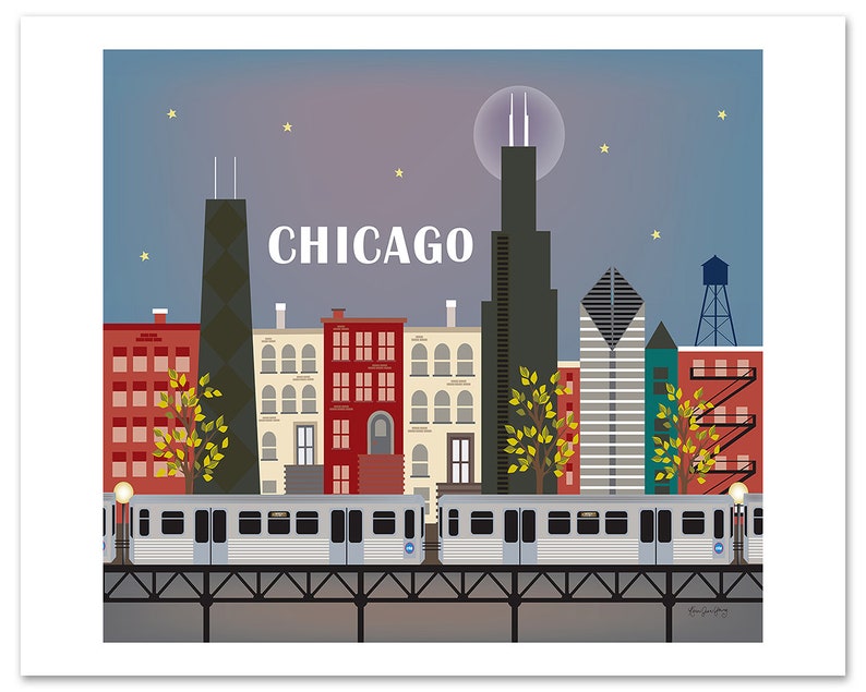 Chicago Skyline Art Print Chicago Wall Art Chicago Retro Etsy