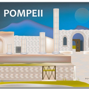 May include: A digital illustration of the ruins of Pompeii, Italy. The image features a blue sky with a white moon, a mountain range in the background, and a series of white columns in the foreground. The text "POMPEII" is written in white letters at the top of the image.