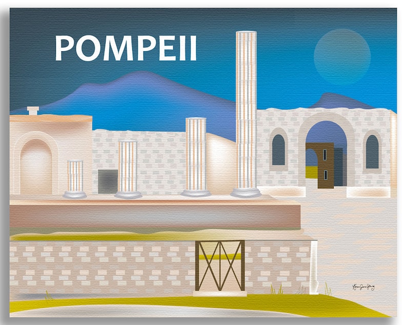 May include: A digital illustration of the ruins of Pompeii, Italy. The image features a blue sky with a white moon, a mountain range in the background, and a series of white columns in the foreground. The text "POMPEII" is written in white letters at the top of the image.
