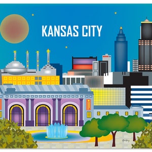 Kansas City Skyline Art Print, Kansas City Wall Art, Kansas Missouri Horizontal, Kansas City Art Print Gift, Loose Petals style E8-O-KAN