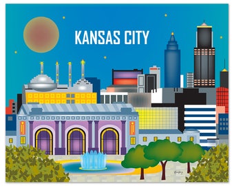 May include: A colorful illustration of the Kansas City skyline at night. The illustration features a large building with a dome, a tall skyscraper, and a train station with arches. The sky is blue with stars and a large moon.
