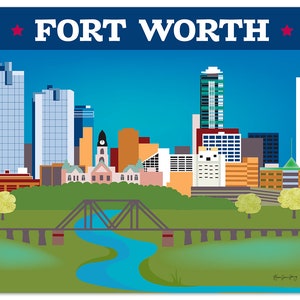 Impression d'art sur la ligne d'horizon de Fort Worth, impression de carte de Fort Worth, TX, art mural Texas, Trinity River, Fort Worth horizontal, impression d'art de Fort Worth E8-O-FOR