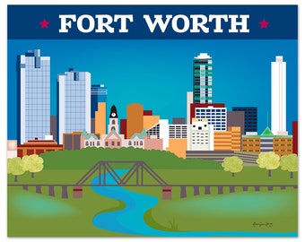 Fort Worth Skyline Art Print, Fort Worth TX map print,  Texas Wall Art, Trinity River, Fort Worth Horizontal, Fort Worth art print  E8-O-FOR