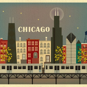 May include: A retro-style illustration of the Chicago skyline at night, featuring the Willis Tower, the John Hancock Center, and other iconic buildings. The city's name is written in bold letters across the top of the image, and there are stars in the sky. A train runs on a bridge in the foreground.