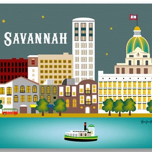 May include: A colorful illustration of the Savannah, Georgia skyline at night. The cityscape features several buildings, including a tall skyscraper, a domed building, and a ferry boat. The sky is dark blue with white stars and the text "SAVANNAH" is written in white at the top of the image.