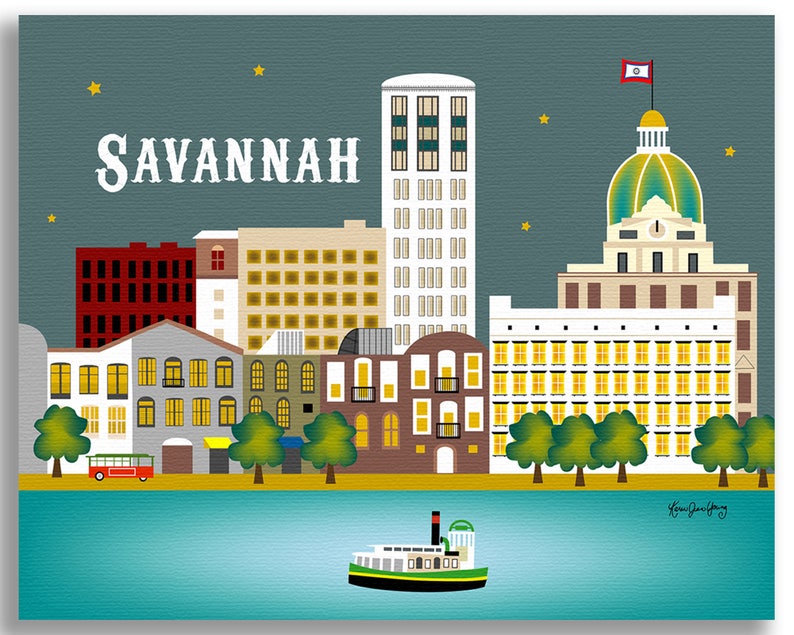 May include: A colorful illustration of the Savannah, Georgia skyline at night. The cityscape features several buildings, including a tall skyscraper, a domed building, and a ferry boat. The sky is dark blue with white stars and the text "SAVANNAH" is written in white at the top of the image.