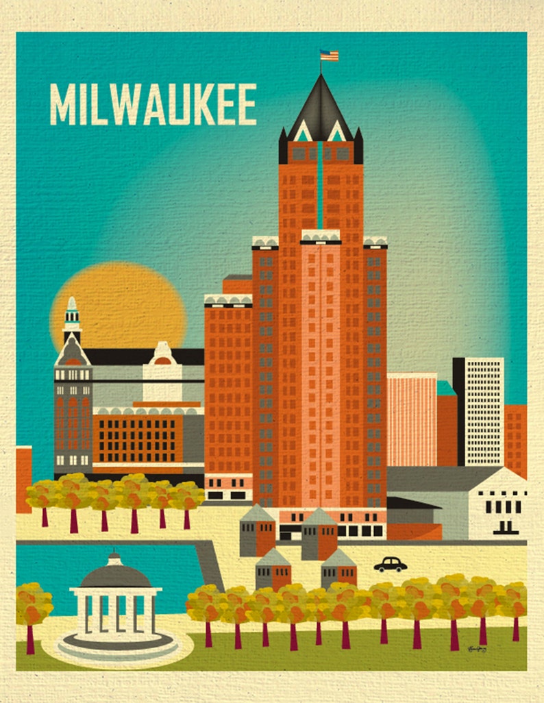 SALE 11x14 Milwaukee Skyline Art Print, Wisconsin Poster, Milwaukee Wall art, Milwaukee Wedding, Milwaukee Gift style E11-O-MIL image 1