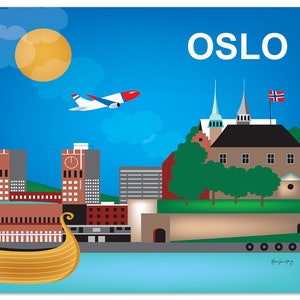 Impressão do horizonte de Oslo, impressão de arte de parede de viagem da Noruega, presente de Oslo, Oslo horizontal, decoração de parede escandinava azul, pétalas soltas, estilo - E8-O-OSL