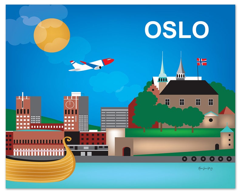 Oslo Skyline Print, Norway Travel Wall Art Print, Oslo Gift, Horizontal Oslo, Blue Scandinavian wall decor, Loose Petals, style E8-O-OSL image 1