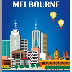 May include: A colorful illustration of the Melbourne skyline with the word "MELBOURNE" in white text at the top. The skyline features several tall buildings, including a skyscraper with a spire, and a bridge over a body of water. Two yellow hot air balloons are floating in the blue sky.
