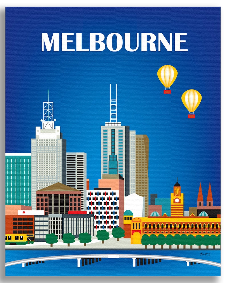 May include: A colorful illustration of the Melbourne skyline with the word "MELBOURNE" in white text at the top. The skyline features several tall buildings, including a skyscraper with a spire, and a bridge over a body of water. Two yellow hot air balloons are floating in the blue sky.