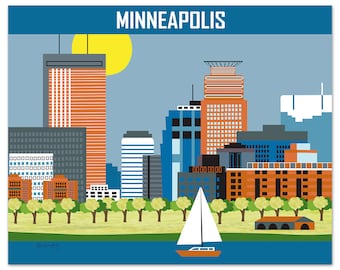 May include: A colorful illustration of the Minneapolis skyline with a sailboat in the foreground. The skyline features several tall buildings in shades of orange, blue, and gray. The buildings are set against a light blue sky with a yellow sun.