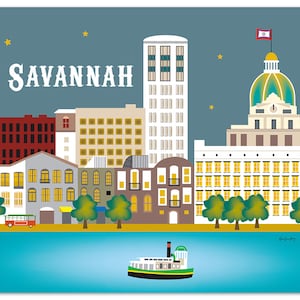 Savannah Print, Savannah GA Skyline,  Georgia Wall Art, Savannah horizontal art, Savannah  Artwork, Savannah GA City Art - style E8-O-SAV