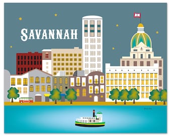 Savannah Print, Savannah GA Skyline,  Georgia Wall Art, Savannah horizontal art, Savannah  Artwork, Savannah GA City Art - style E8-O-SAV