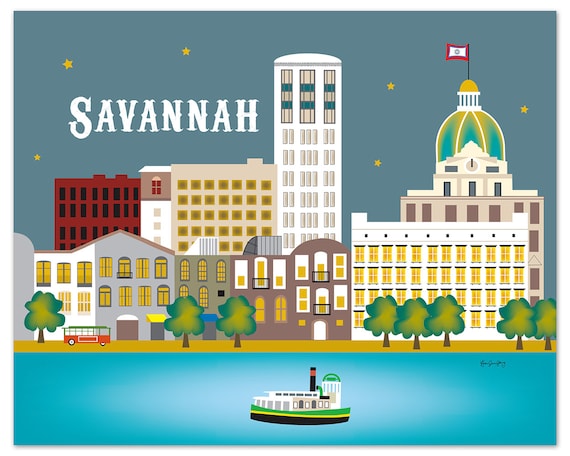 Savannah Print, Savannah GA Skyline,  Georgia Wall Art, Savannah horizontal art, Savannah  Artwork, Savannah GA City Art - style E8-O-SAV